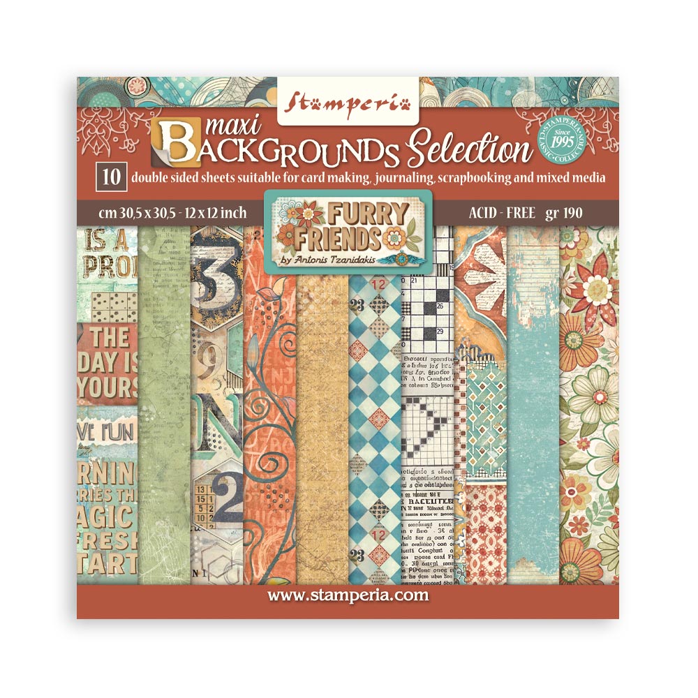STAMPERIA  FURRY FRIENDS  BACKGROUND PAPERPACK 12