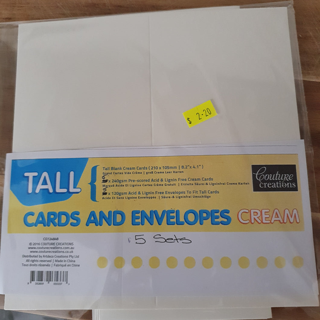 COUTURE CREATIONS Cards and Envelopes - Cream 210cm x 105mm  5 sets