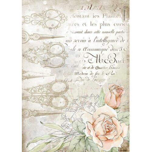 STAMPERIA A4 Rice Paper. Romantic Threads Scissors and Roses  DFSA4565