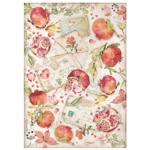 STAMPERIA  A4 Rice Paper - Pomergranades and Letters  DFSA4654