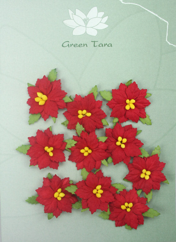 GREEN TARA Flowers - 10 Poinsettias Red 2.5cm PFPRS