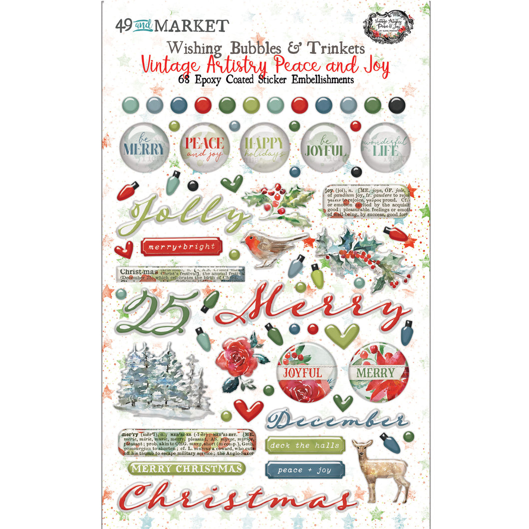 49 and MARKET Vintage Artistry - Peace and Joy Rub-on Wishing Bubbles and Trinkets VPJ-34666